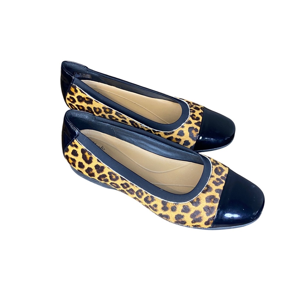 Clarks Unstructured Leopard Print Calf Hair Patent Cap Toe Ballet‎ Flats Brown 8